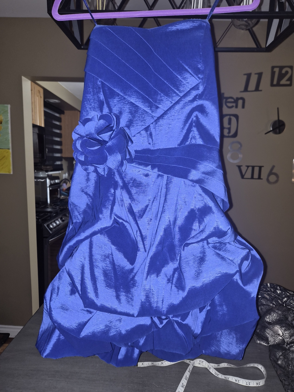 le chateau Royal Blue Strapless Satin Party Dress with Flower Accent
